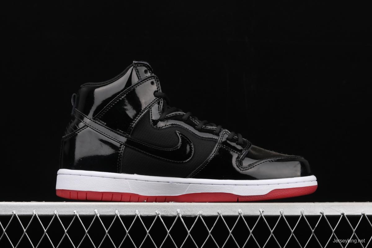 NIKE SB DUNK High Premium lacquered leather black and red high top casual skateboard shoes AJ7730-001