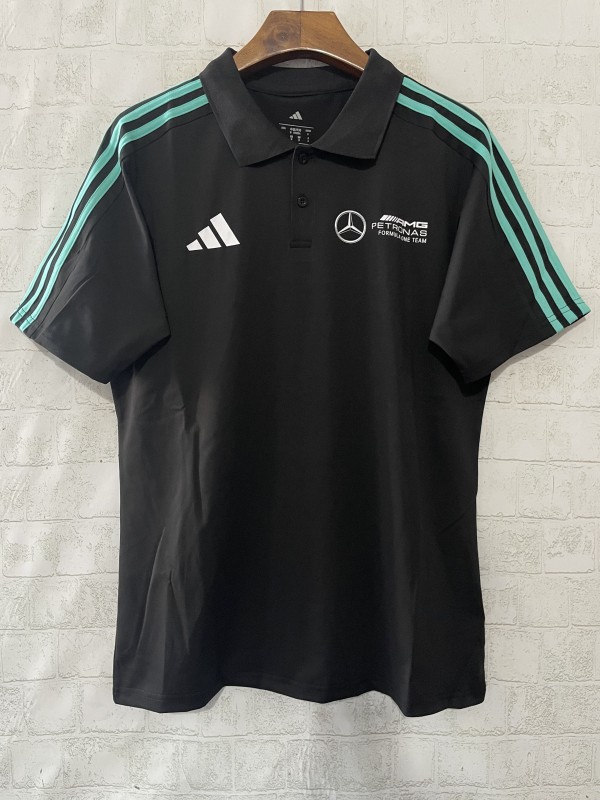 2025 F1 Mercedes-AMG Petronas Formula One Team Black with Turquoise Three Stripes Polo Shirt