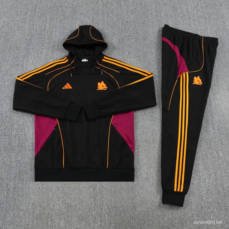 26/27 Roma Black Full Zipper Hooded Jacket Tracksuit + Long Pants
