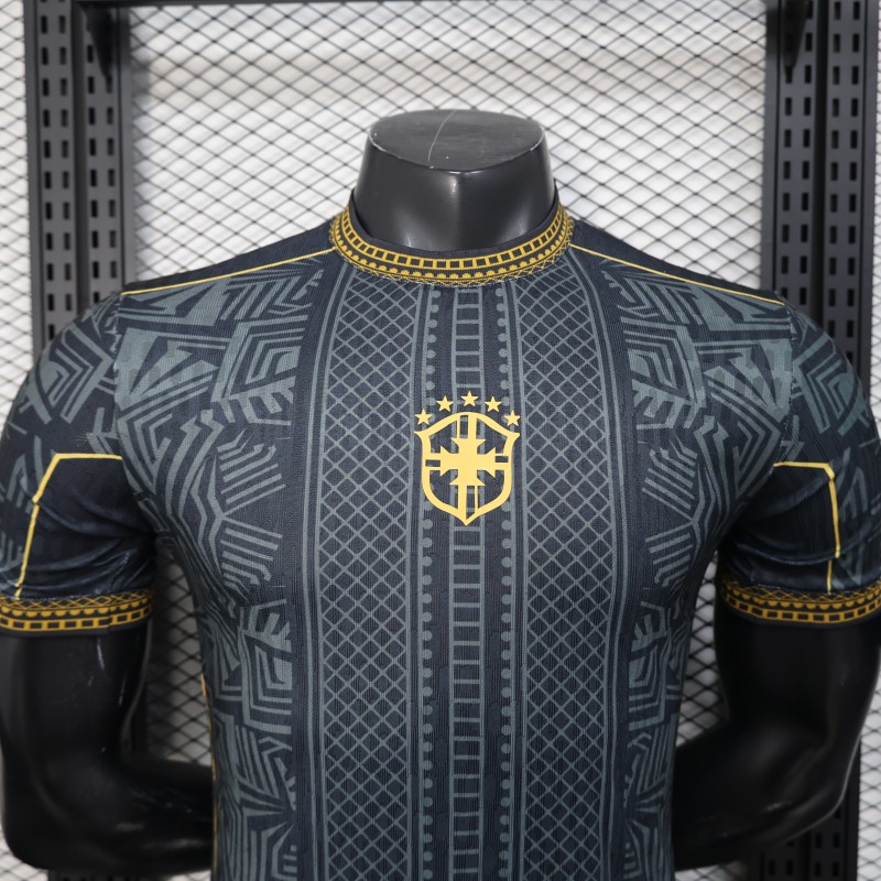 2026 Player Version Brazil Black with Gold Geometric Tribal Pattern Jersey