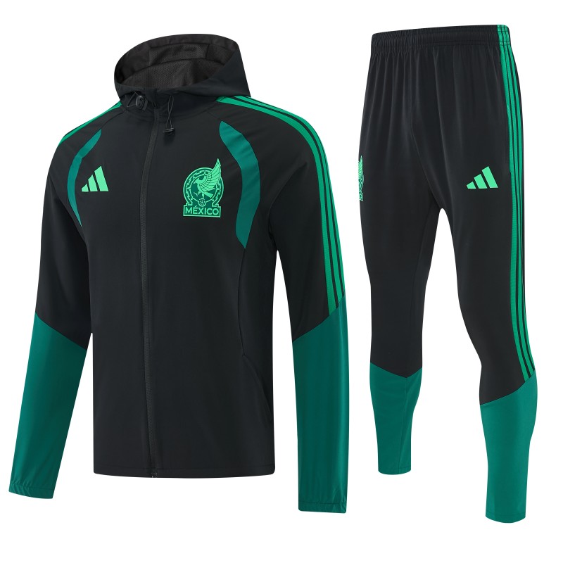 26/27  Mexico Black & Dark Green Full Zipper Hooded Jacket Tracksuit + Long Pants