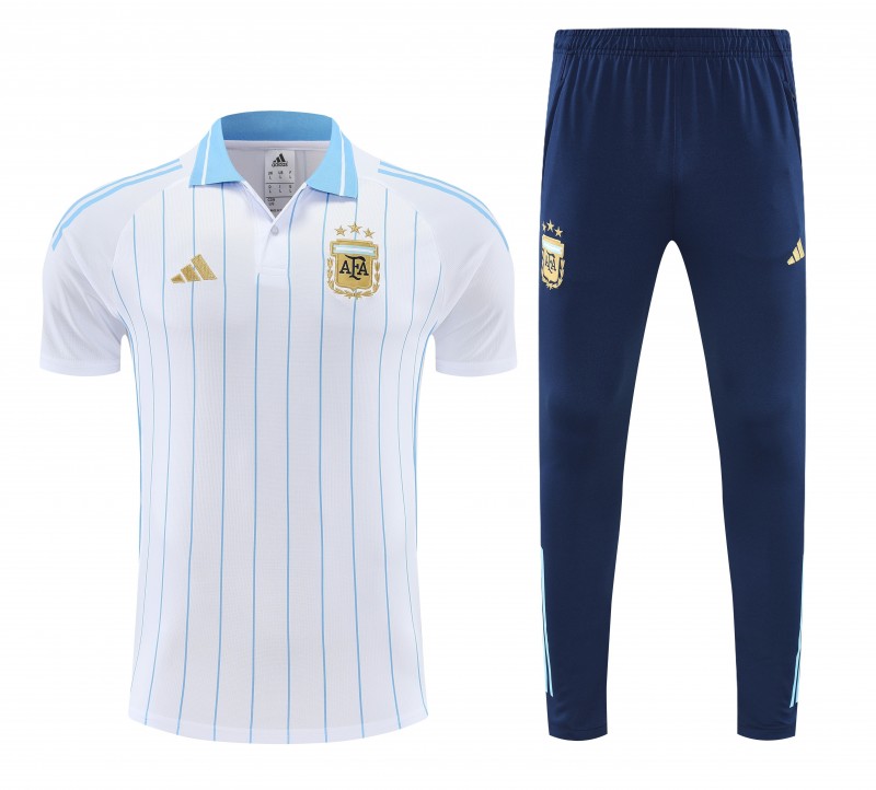 26/27 Argentina White Stripes Polo Training Shirt + Navy Blue Long Pants Tracksuit