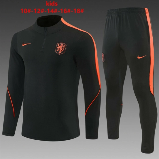 2026 Kids Netherlands Black & Orange  Half Zipper Jacket Tracksuit + Long Pants