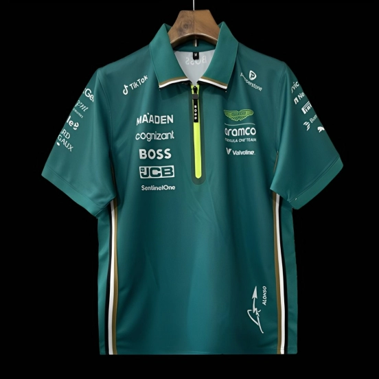 2025 F1 Aston Martin Aramco F1 Team Dark Green with Yellow Zipper Polo