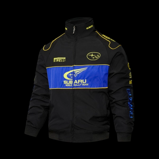 2026 F1 Subaru World Rally Team Black and Blue Racing Jacket with Yellow Trim and Pirelli Logo
