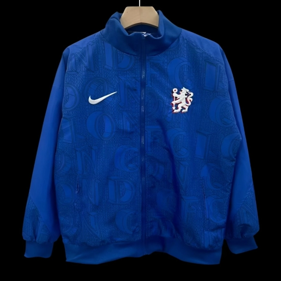 25/26 Chelsea FC Blue with All-Over London Text Pattern Full Zipper Windbreaker